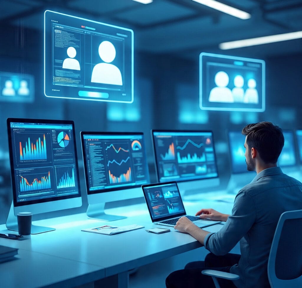 Futuristic AI-powered workspace in 2025 with holographic screens and productivity tools.