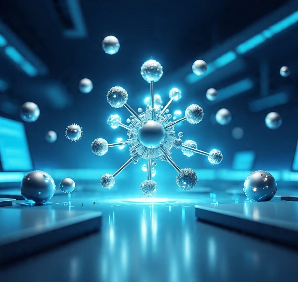 Futuristic nanotechnology concept showing glowing microscopic nanoparticles in a high-tech digital environment, representing nanotechnology secrets that will change our world