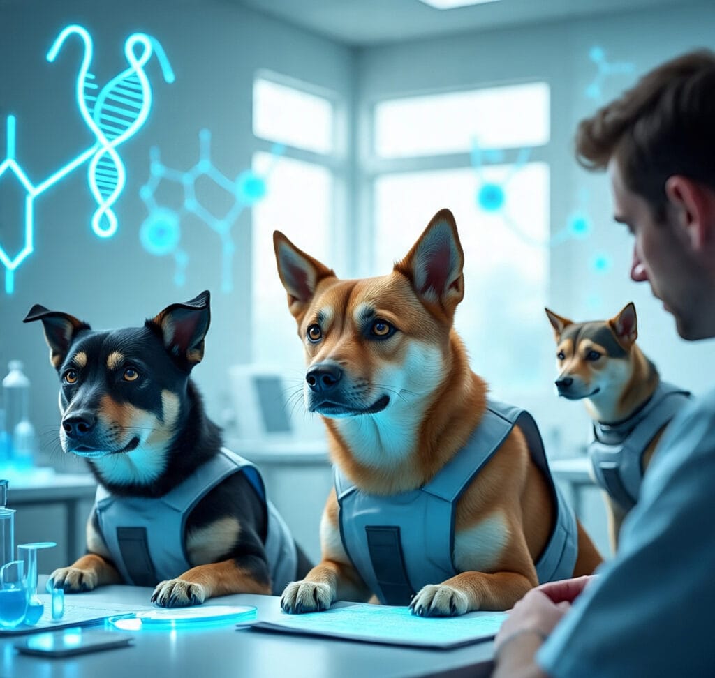 Brave dogs in a futuristic science lab assisting scientists with research, wearing vests and surrounded by holographic DNA visuals.