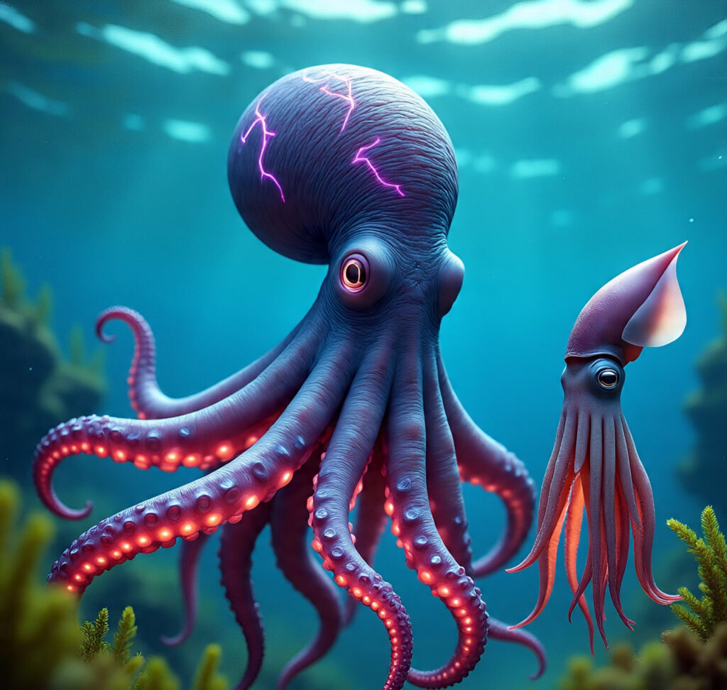 Intelligent octopus and squid underwater showing glowing neural connections due to a rare genetic twist.