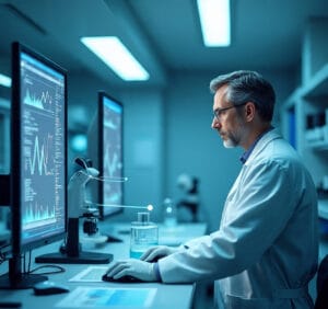 scientist_data_analysis_visualization_hologram_display doctor in lab