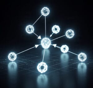 3D artwork of glowing neural networks representing Geoffrey Hinton’s backpropagation breakthrough