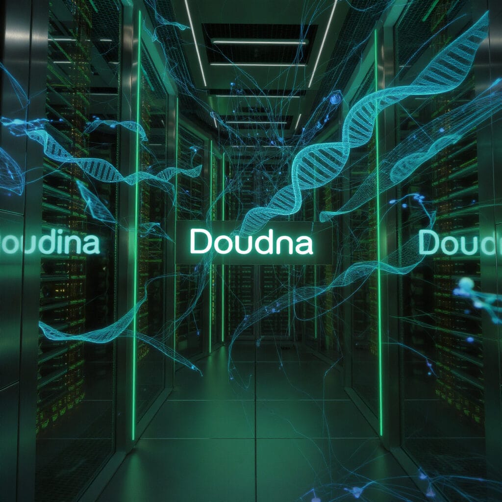 Doudna Supercomputer glowing with futuristic DNA helix holograms and AI network visuals inside a high-tech lab