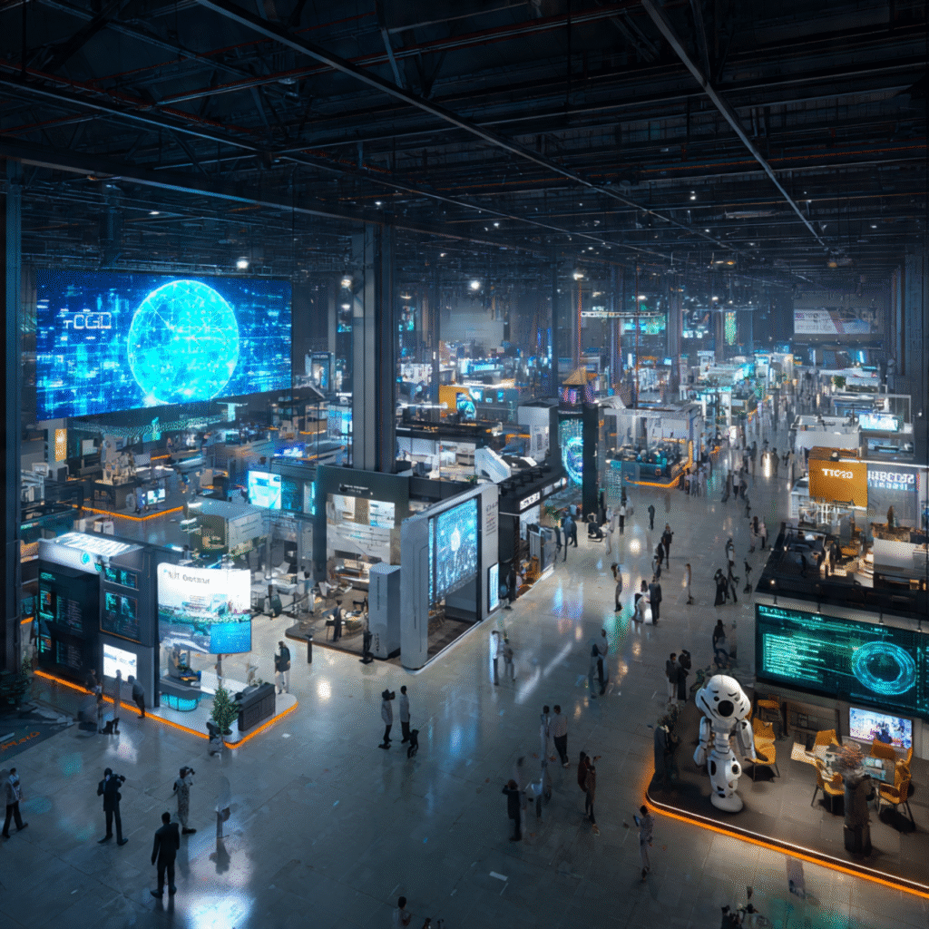 Realistic view of ITCN Asia 2025 Karachi expo hall with booths and visitors.