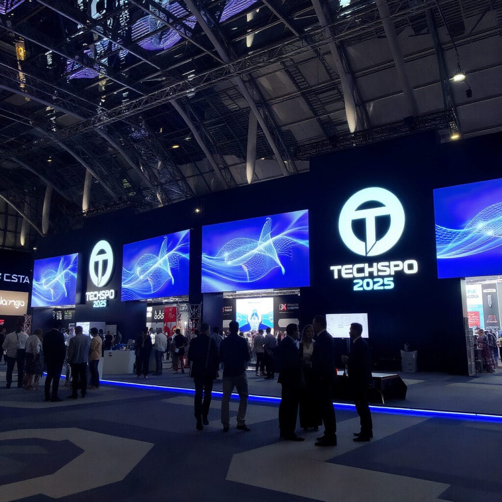 Realistic image of TECHSPO Dubai 2025 technology expo event with stage, banners, and networking attendees in a modern exhibition hall