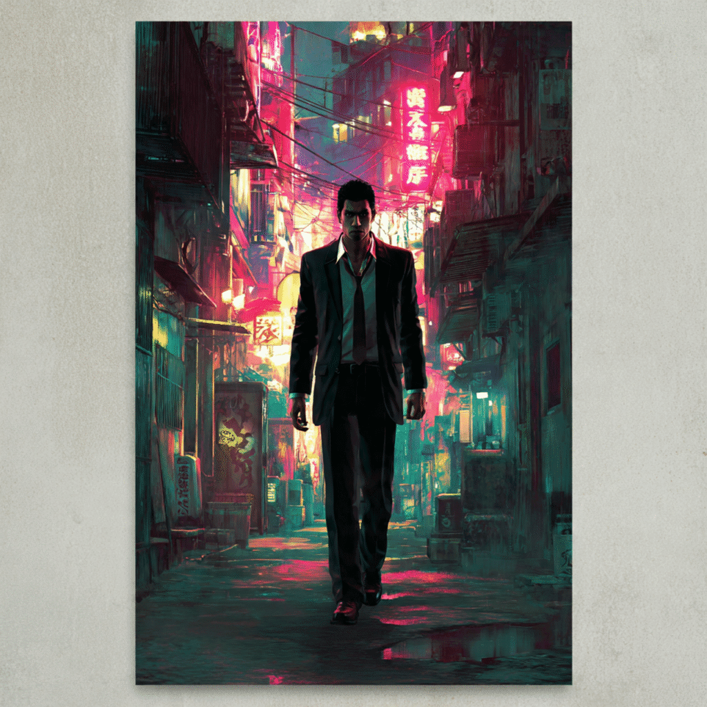 Kazuma Kiryu in Yakuza Kiwami 3 Dark Ties standing in a neon-lit alley with dramatic shadows.