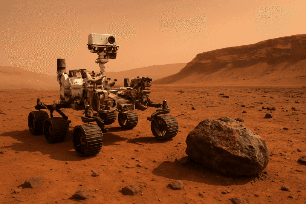 NASA’s Perseverance rover standing on the dusty red surface of Mars under an orange sky, with rocky terrain and cliffs in the background
