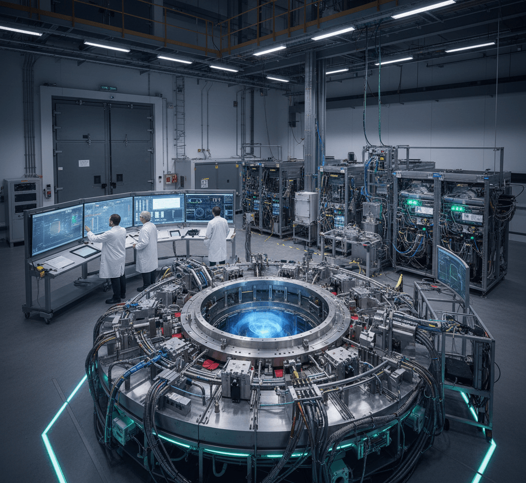 Photorealistic view of CERN laboratory with scientists monitoring antimatter experiments at the Antiproton Decelerator