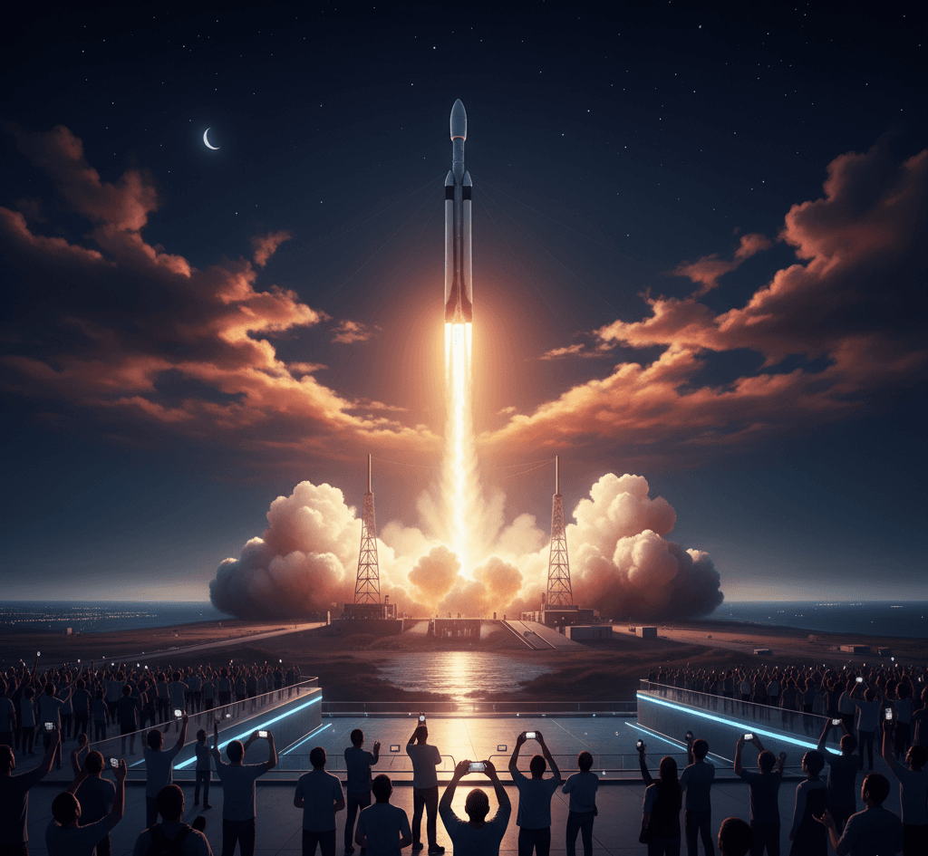 SpaceX Falcon 9 rocket lifting off with bright flames and smoke during night launch.