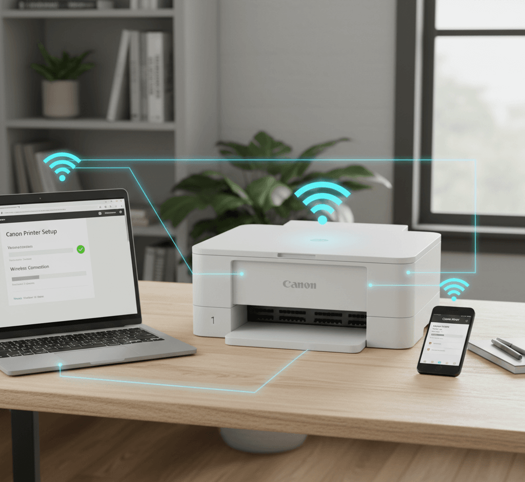 Realistic image of Canon PIXMA TR7120 printer on a desk, connected wirelessly with a laptop and smartphone in a home office setting.