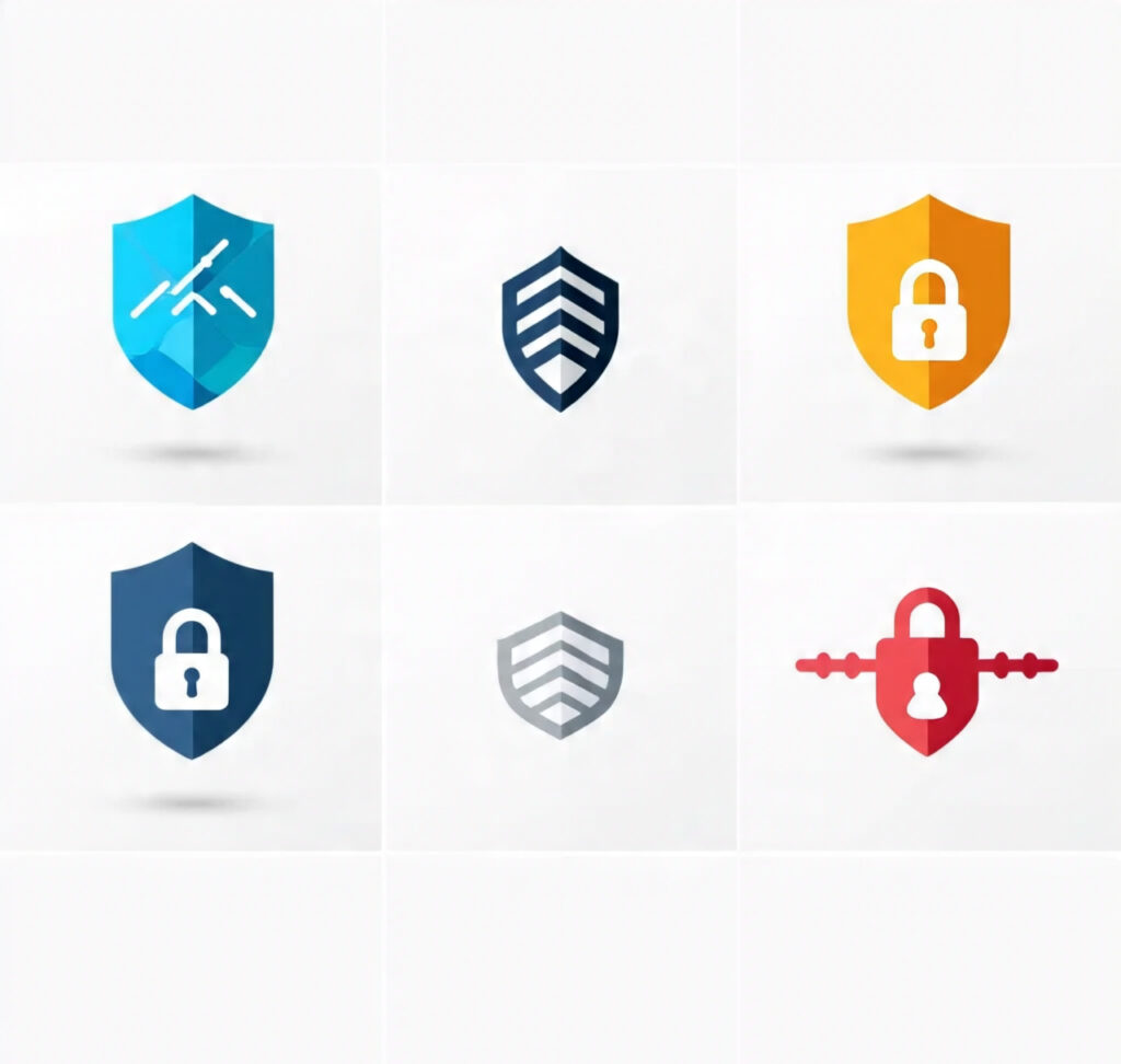 Five abstract VPN logos in shield and lock designs, representing top VPN apps for secure browsing.