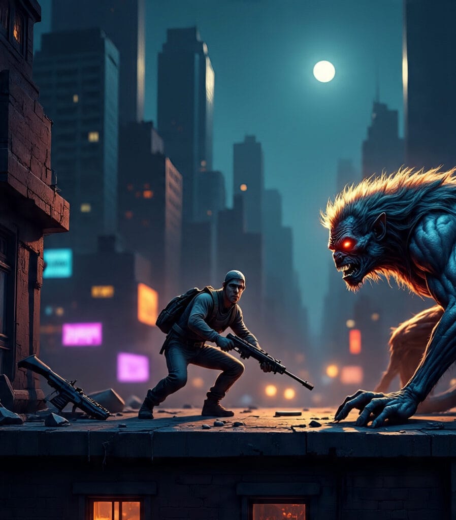 Survivor facing The Beast at night in Dying Light, post-apocalyptic cityscape with horror atmosphere.