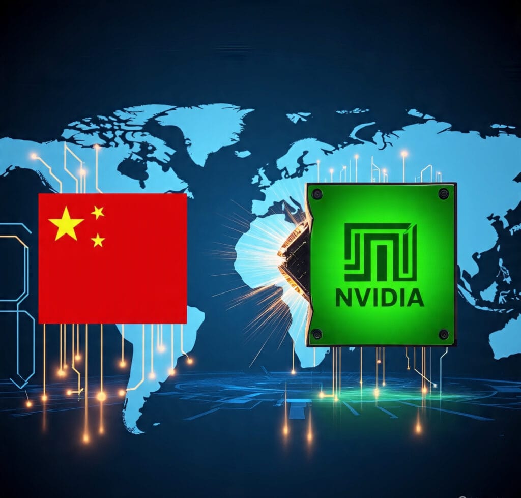 China bans NVIDIA chips illustration showing Chinese flag, NVIDIA GPU microchip, and broken semiconductor symbolizing US-China tech war and AI rivalry
