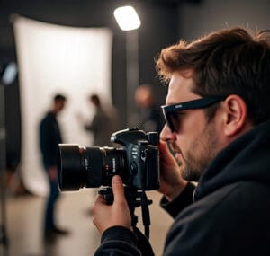 a_filmmaker_holding_the_canon_eos_c50 Filmmaker using Canon EOS C50 on set with cinematic lighting and crew in background