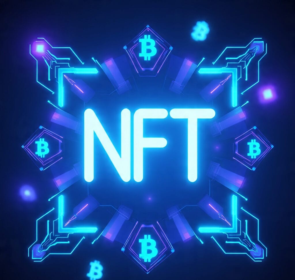 Futuristic 3D NFT logo glowing with neon lights in a cyberpunk blockchain-inspired digital background.