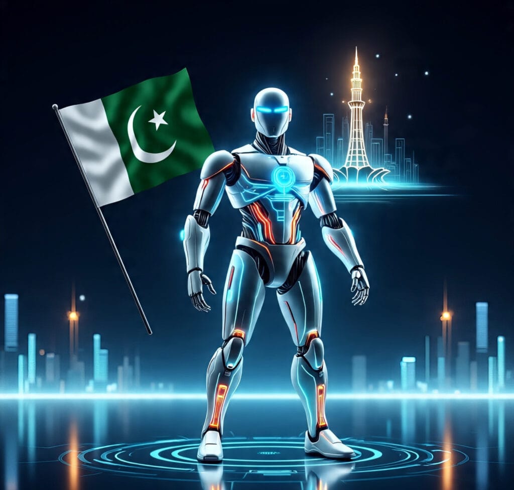 AI robot with Pakistani flag symbolizing Pakistan’s digital future and AI policy 2025.