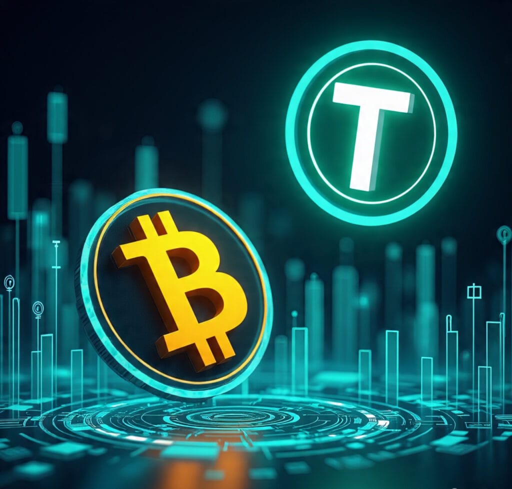 Bitcoin (BTC) and Tether (USDT) logos glowing in a futuristic neon blockchain background with cyber-style effects.