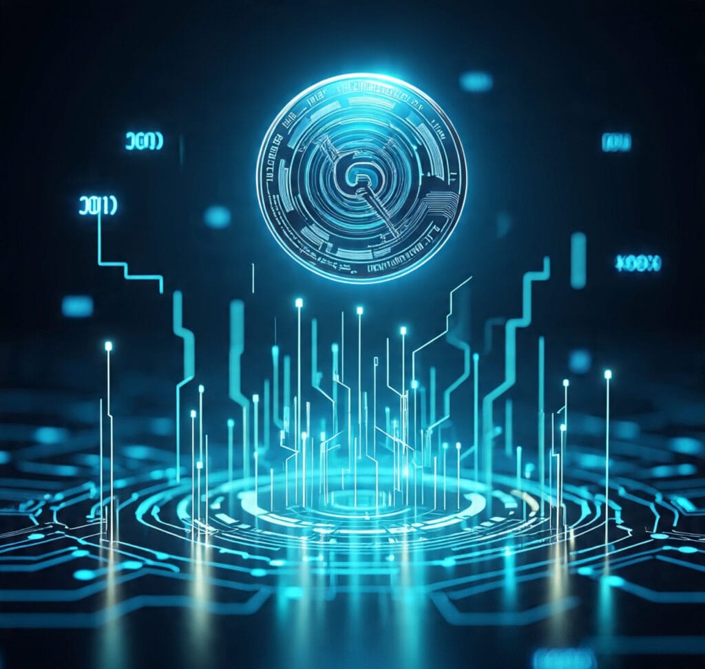 Digital illustration of a glowing cryptocurrency token above a blockchain grid with futuristic code and circuits, representing free crypto token creation