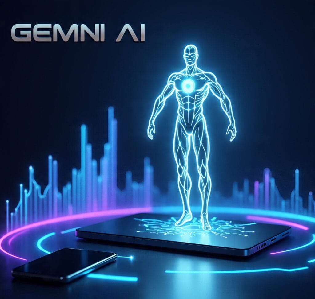Futuristic holographic illustration of Gemini AI with glowing neural networks above smartphone and laptop