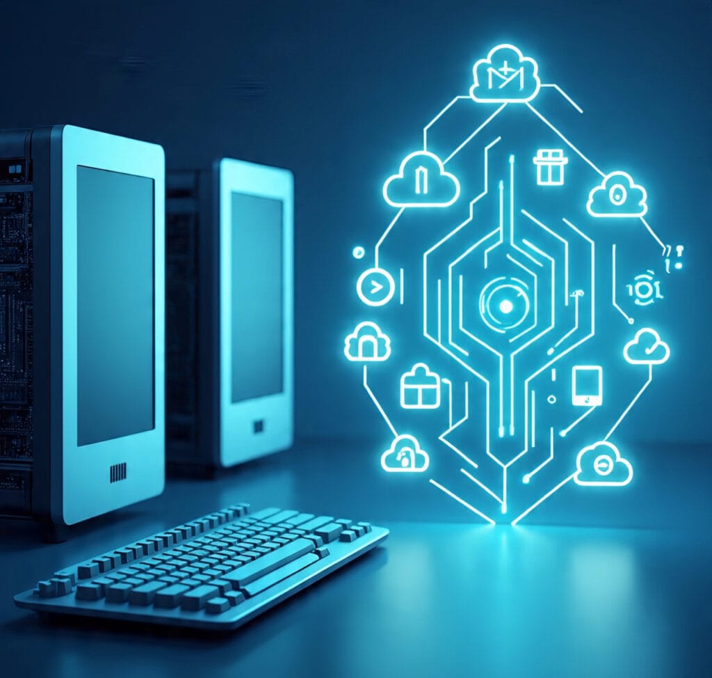 Illustration showing the difference between computer hardware and software with glowing digital code and devices