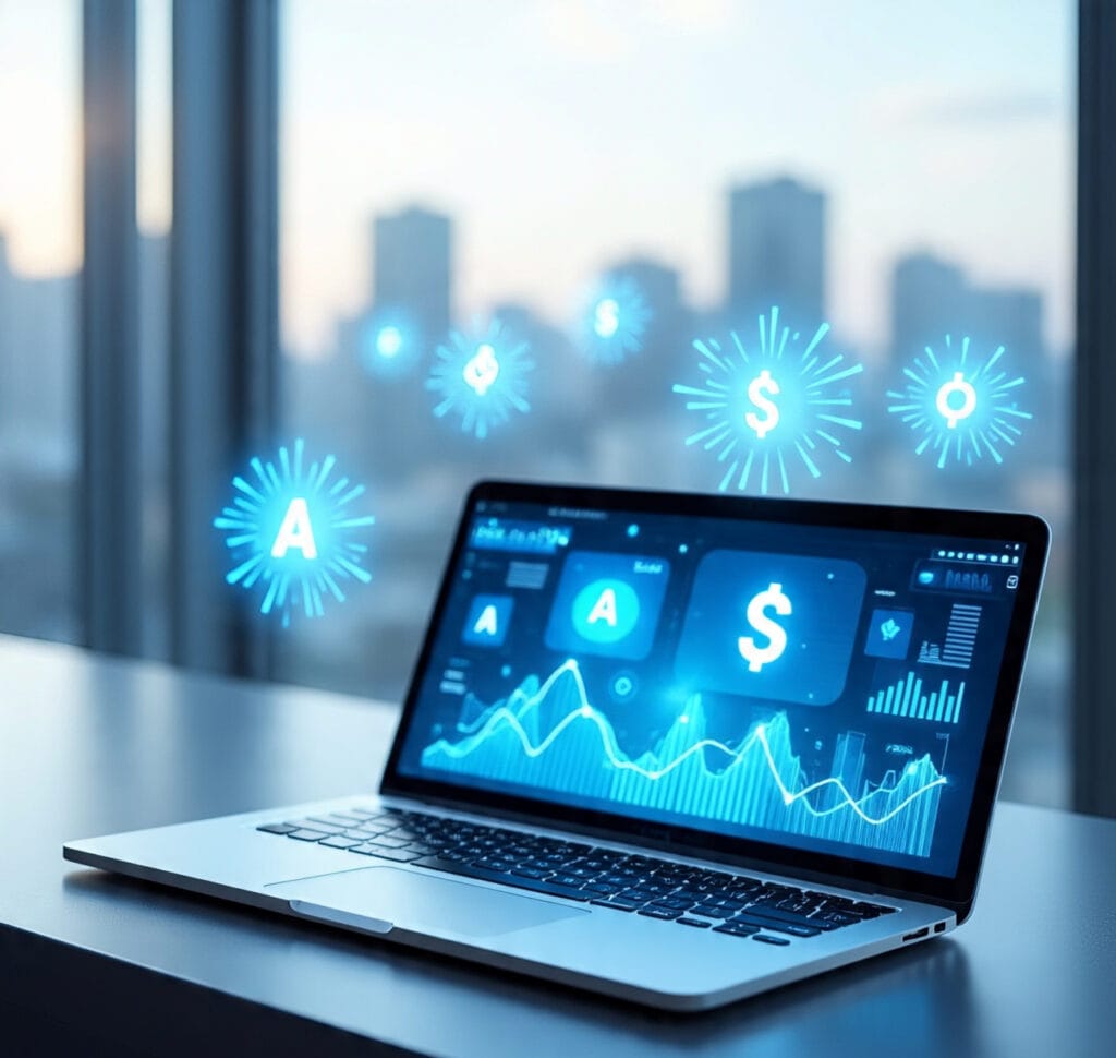 Futuristic laptop with AI icons and dollar signs representing earning money using artificial intelligence tools.