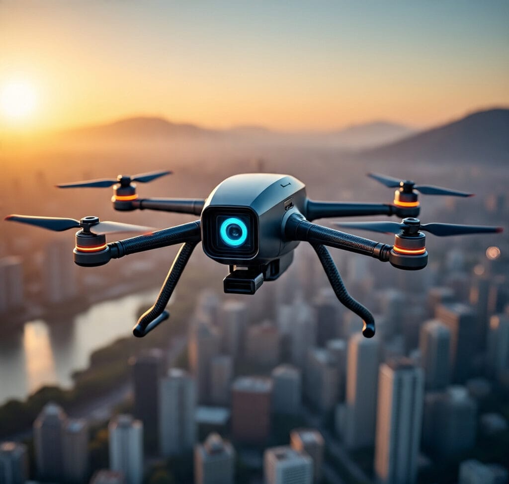 Antigravity A1 360-Degree Drone flying over a city skyline at sunset, showing its futuristic design and 360-degree camera.
