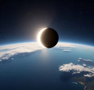 Space view of the September 2025 partial solar eclipse showing the Moon’s shadow crossing Earth over the South Pacific and New Zealand