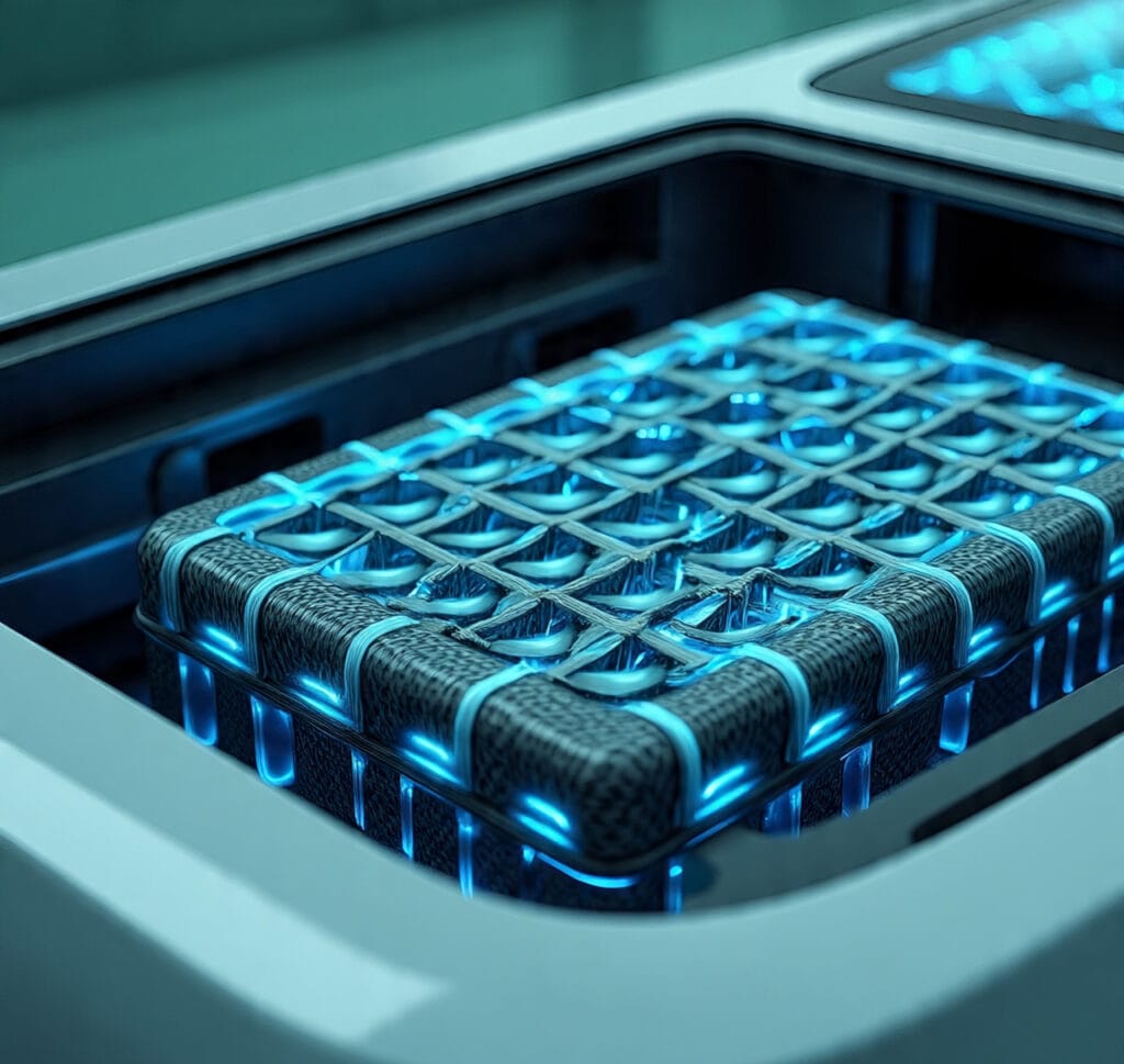 Close-up of futuristic structural batteries glowing inside a carbon fiber frame