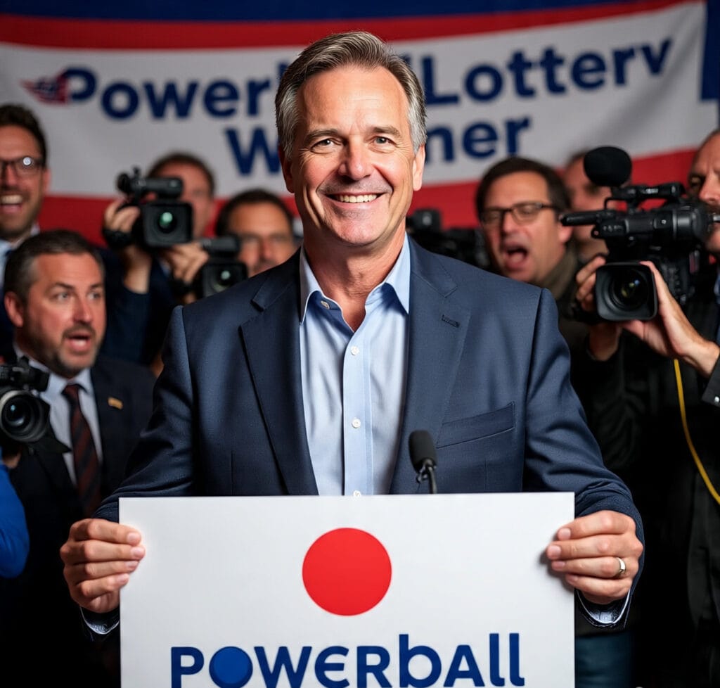 Powerball winner holding a jackpot check with the official Powerball logo in the background