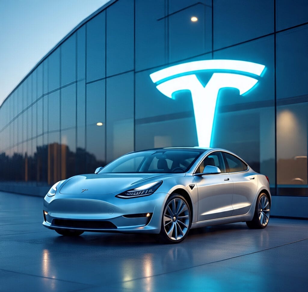 Tesla electric car in front of a modern building with the Tesla company logo illuminated in the background, symbolizing innovation and global success
