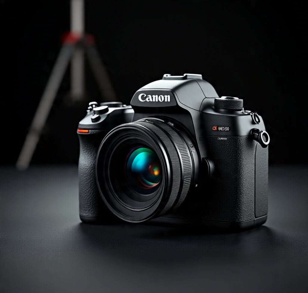 Canon EOS C50 cinema camera on a professional studio table with cinematic lighting, highlighting its compact design and filmmaking features