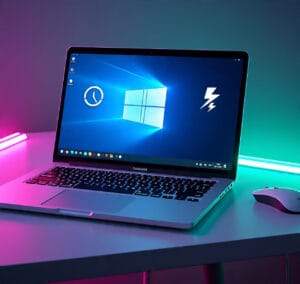 a_laptop_running_windows_11_with_performance Laptop running Windows 11 with performance optimization symbols.