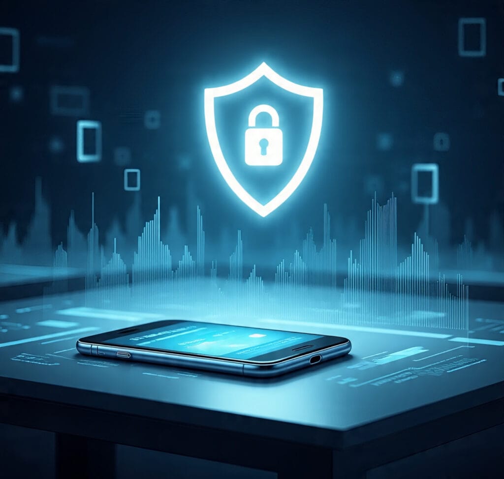 Modern Android smartphone with a glowing shield icon representing secure rooting and protection, displayed on a futuristic tech background
