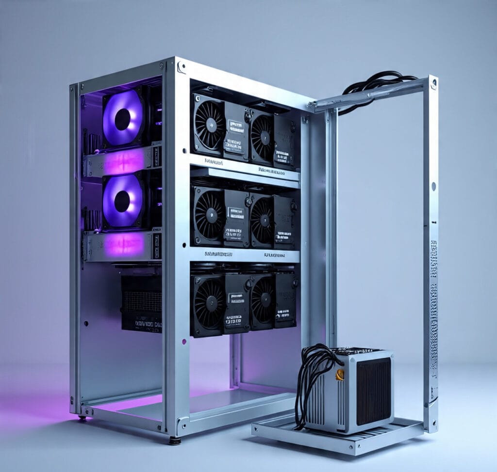 Budget cryptocurrency mining rig 2025 with GPUs, PSU, and cooling fans in an open frame