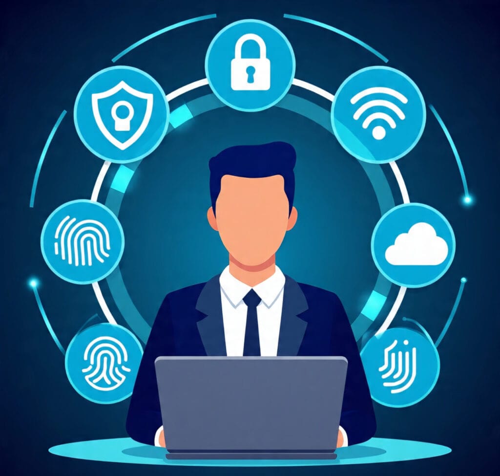 Illustration of a laptop user protected by cybersecurity icons like lock, shield, and VPN, symbolizing data protection and online safety.
