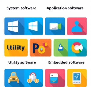 a_modern_infographic_style_image_showing_different_types Infographic showing categories of software including system, application, utility, and embedded software