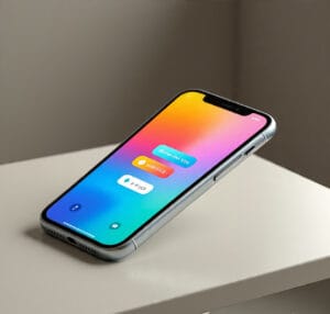 a_modern_iphone_placed_on_a_desk iPhone displaying iOS 26 home screen with Liquid Glass interface and AI widgets on a minimalist desk