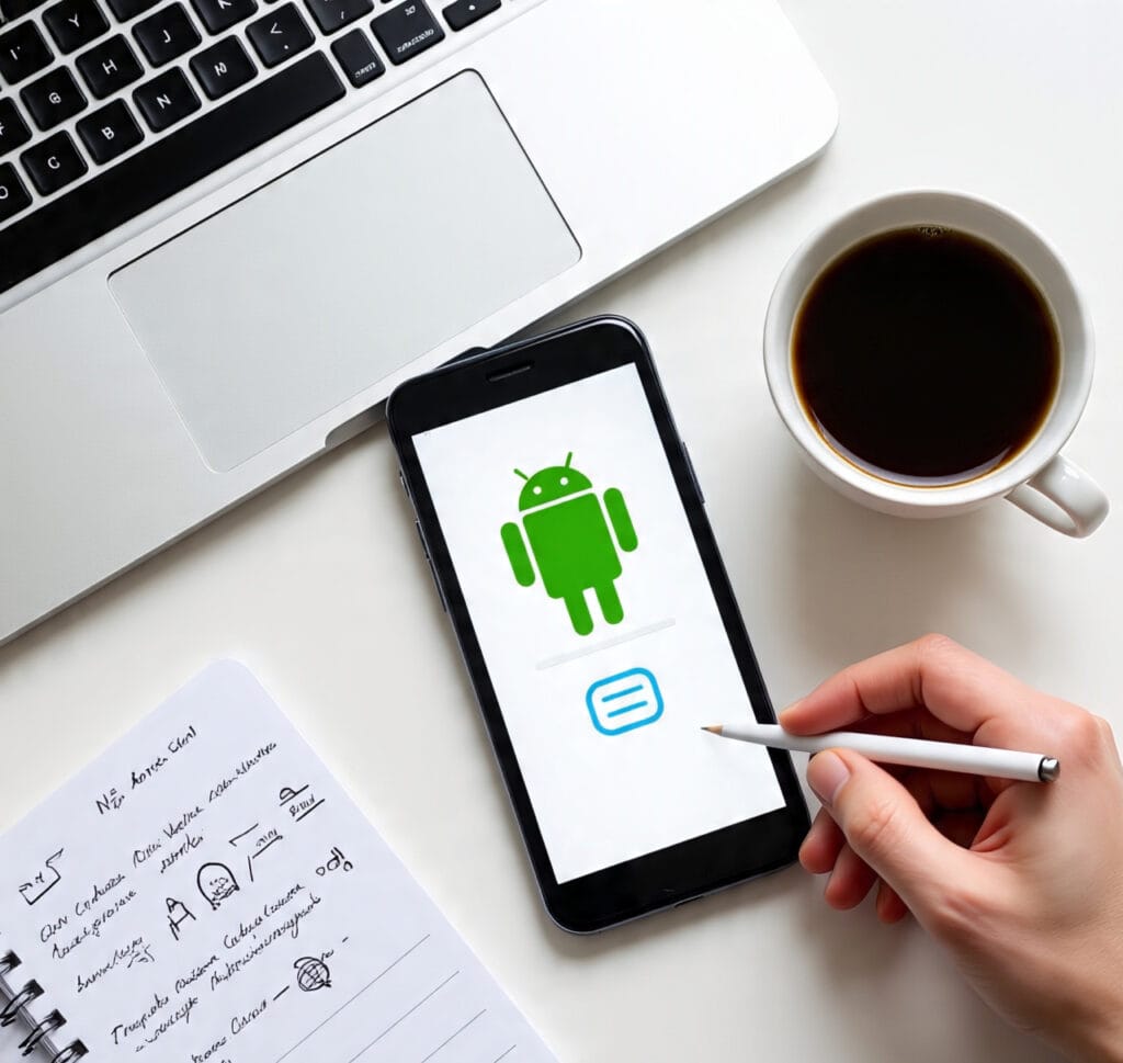 Smartphone showing Android app builder interface with drag-and-drop tools, placed on a workspace with laptop and coffee — beginner-friendly no-code Android app development.
