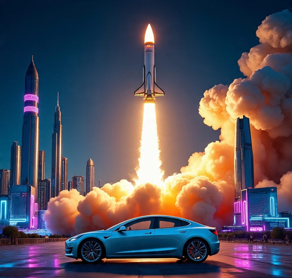 SpaceX rocket launching into the sky with a Tesla car in the foreground, symbolizing innovation in space travel and clean energy