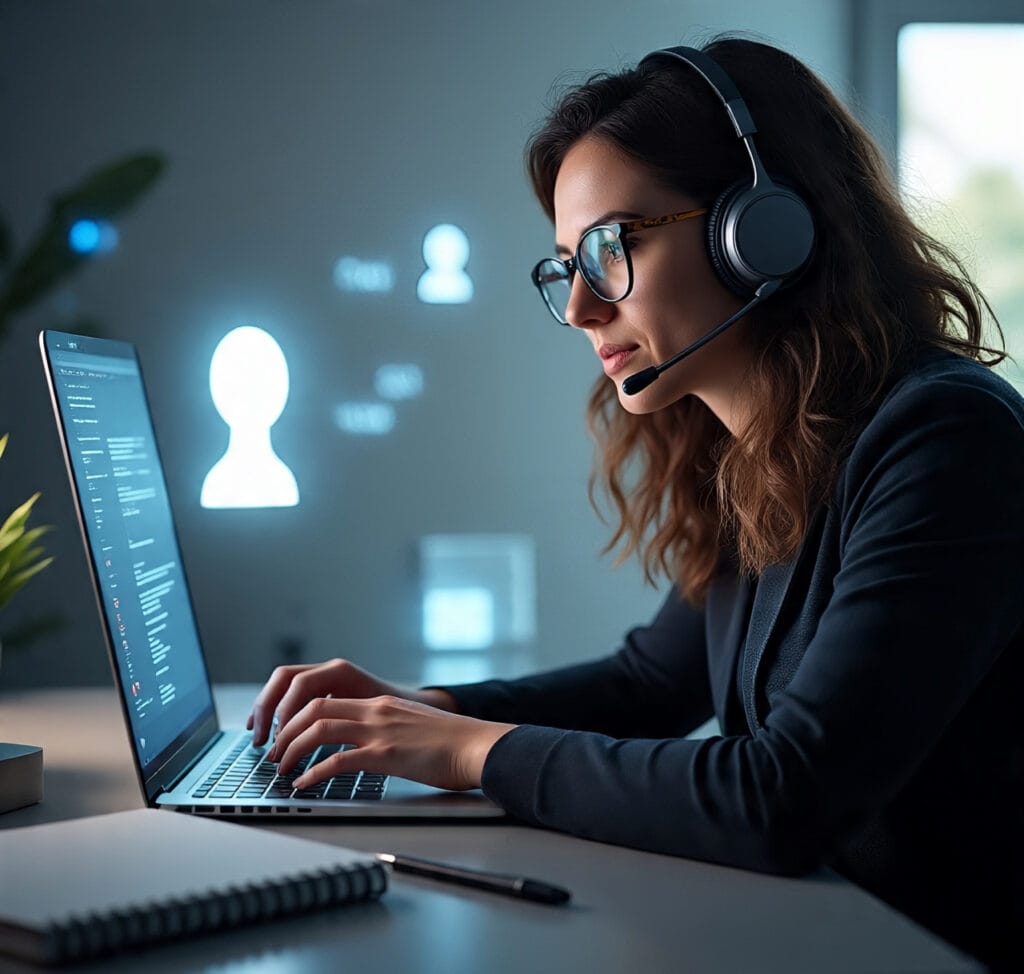 Person writing AI prompts on a laptop with glowing AI interface.