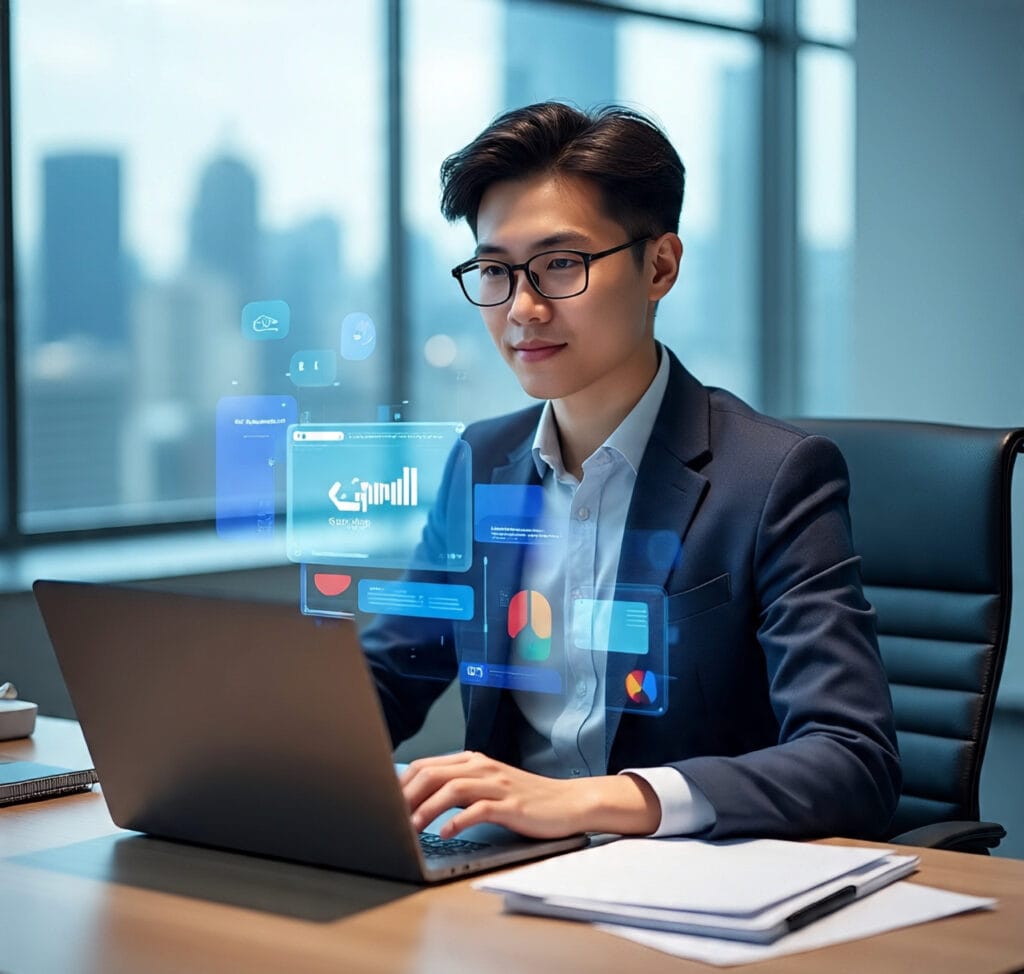 Business professional using Gemini AI Studio on a laptop with futuristic AI interface