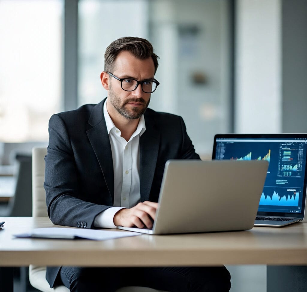Entrepreneur working on a laptop with business charts and AI-driven analytics on the screen.