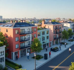 a_realistic_city_neighborhood_with_modern_apartments Residential Smart Cities area with modern apartments and solar panels.