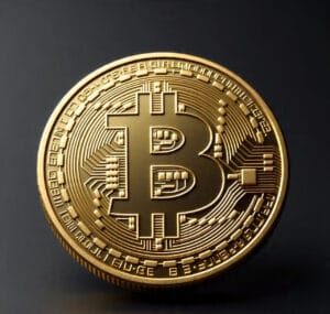a_realistic_close_up_photo_of_a_single Realistic close-up of a golden Bitcoin coin with detailed engravings.