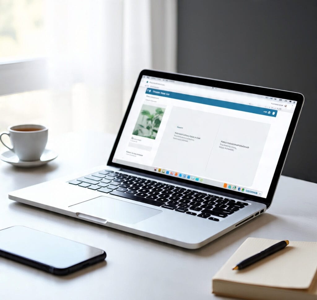 Laptop on desk showing a website builder dashboard with phone, notebook, and coffee cup — symbolizing how to create a free website in 30 minutes.