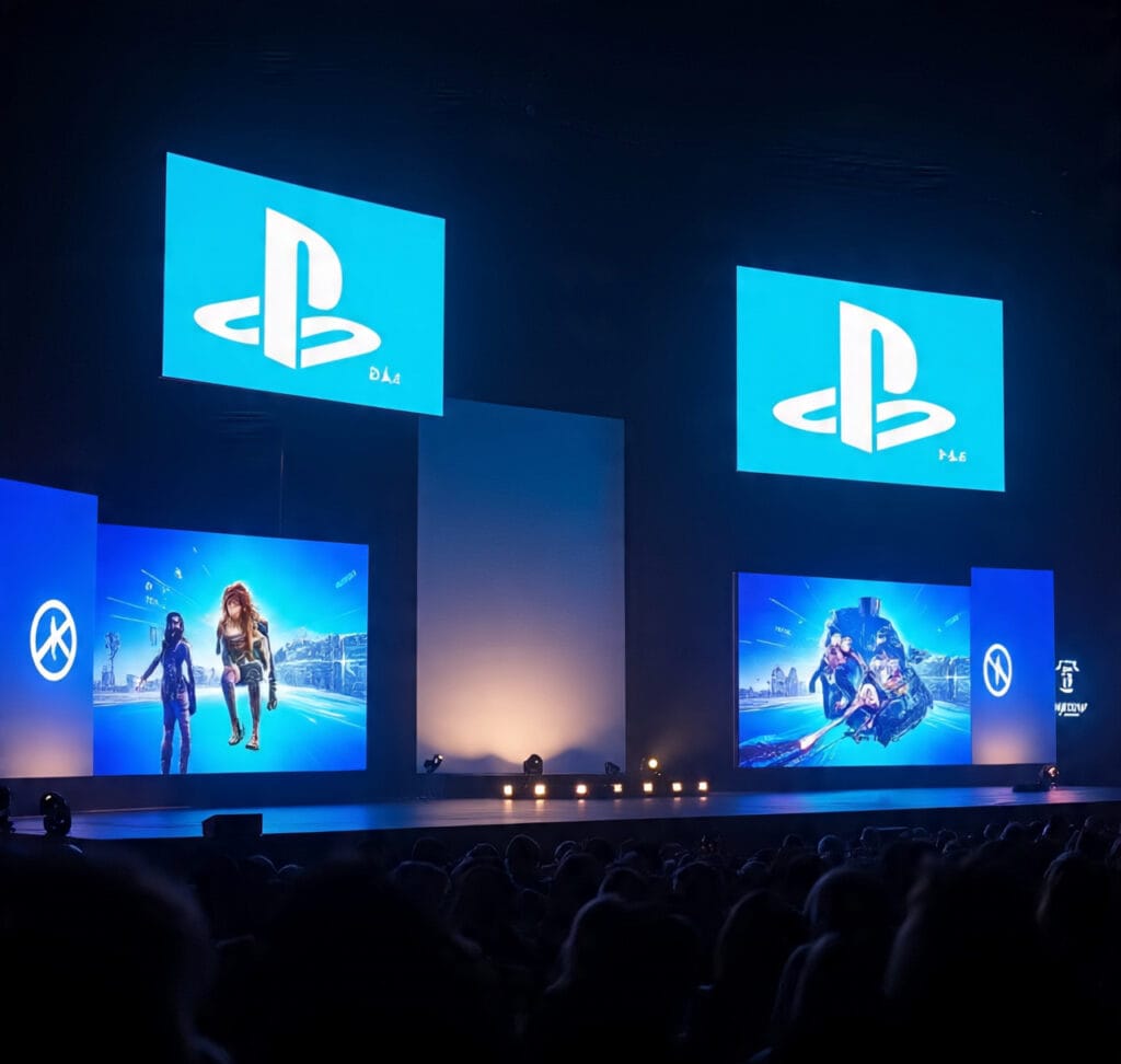 Realistic PlayStation State of Play stage with LED screens and glowing PlayStation symbols.