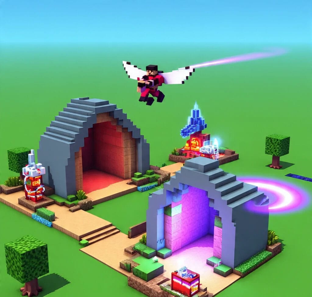 Minecraft 2025 survival base with Nether portal and Elytra flying player