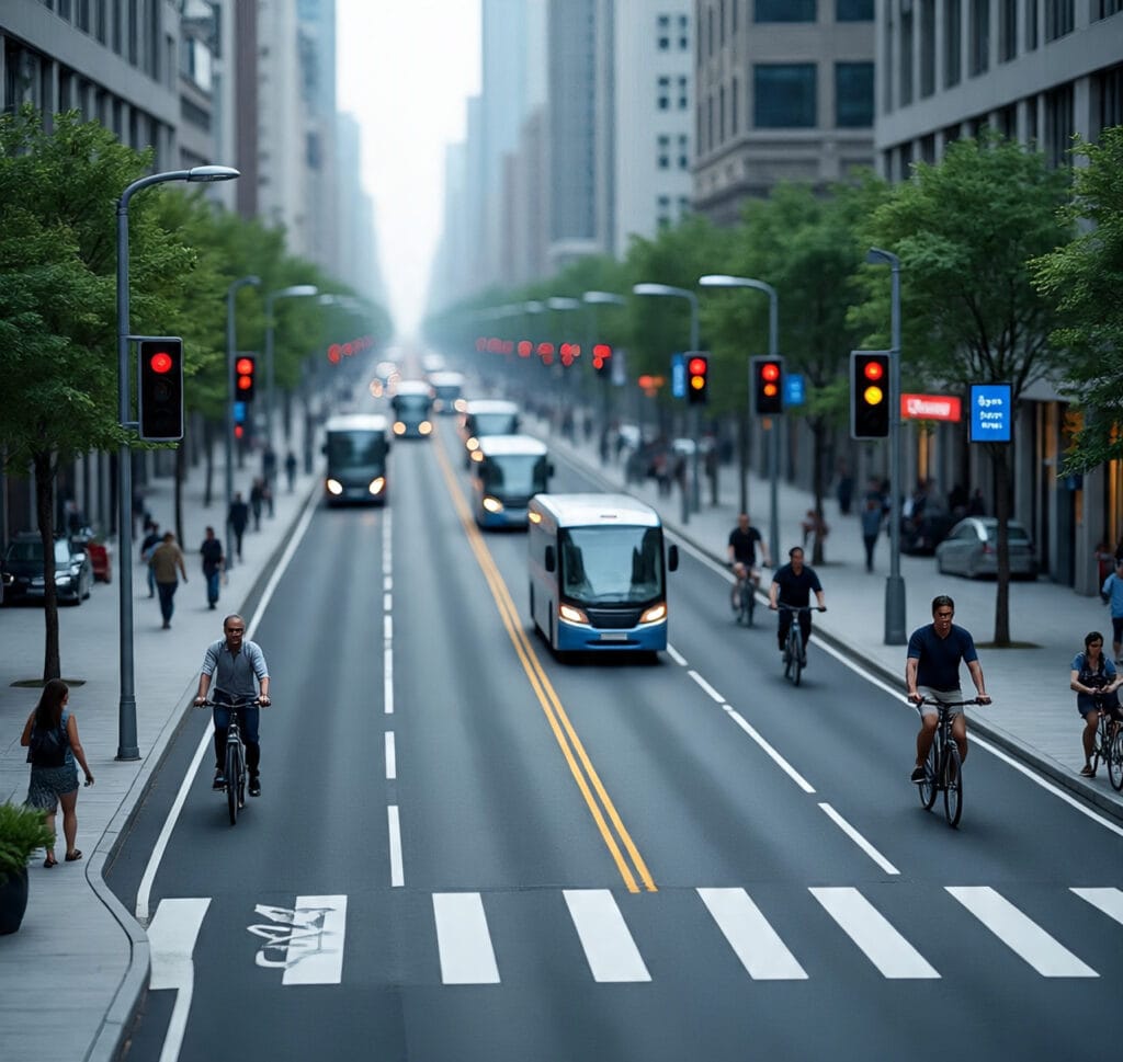 Modern city street with electric buses, smart traffic lights, and greenery.