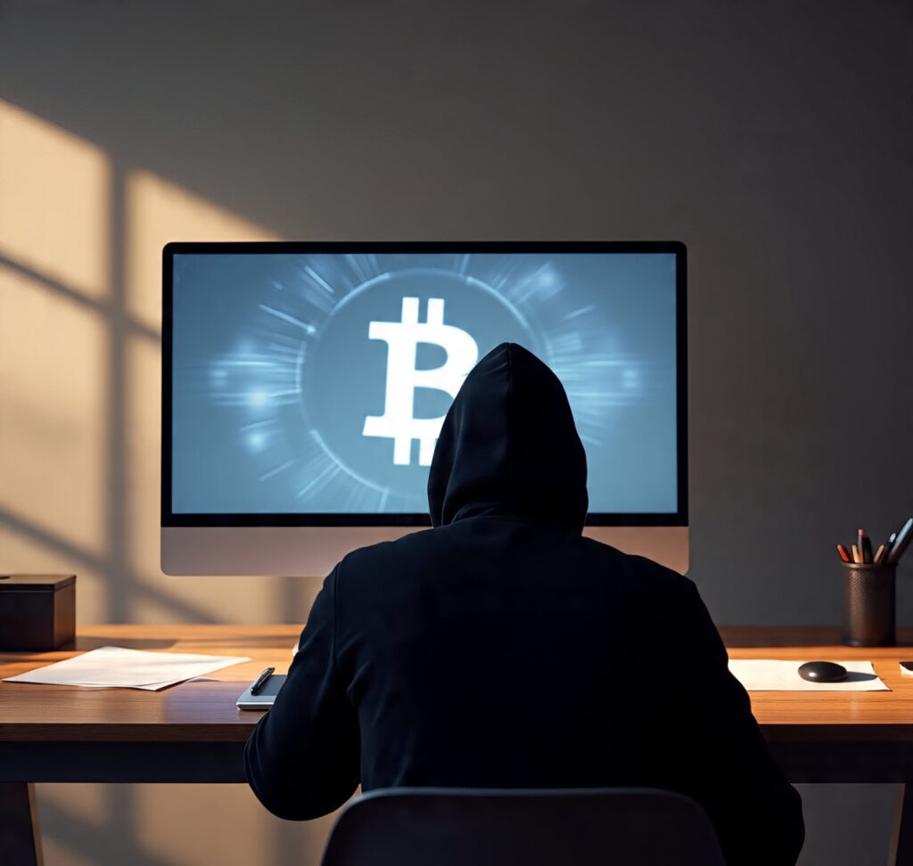 Mysterious figure using a laptop with Bitcoin logo, representing Satoshi Nakamoto’s anonymity and focus on privacy