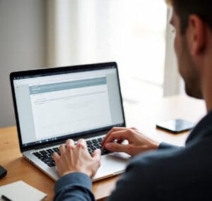 a_realistic_photo_of_a_person_s_hands Hands typing on a laptop with a website template open, showing how to create a free website quickly.